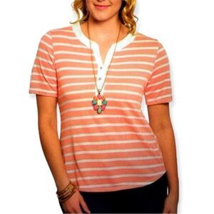 V Neck Button Down Short Sleeve Colorful Stripes Top - NEW